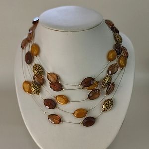 #60 Five Strand Illusion Necklace Amber Brown‎ Copper Gold Colors